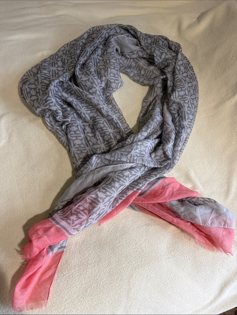 India Hicks Gray Geometric Scarf with Pink Trim